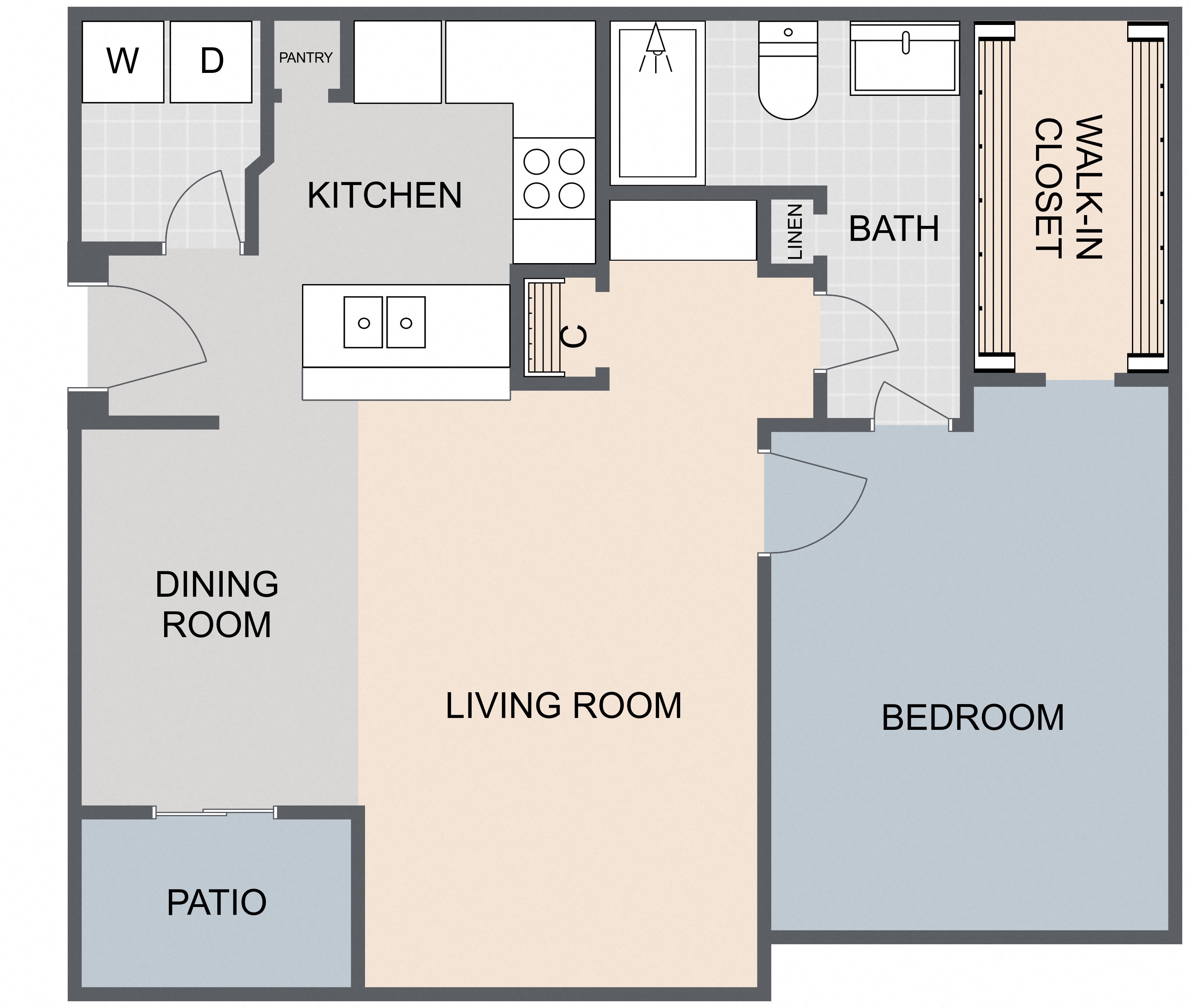 Floor plan for 1 bed, 1 bath, 756 sqft